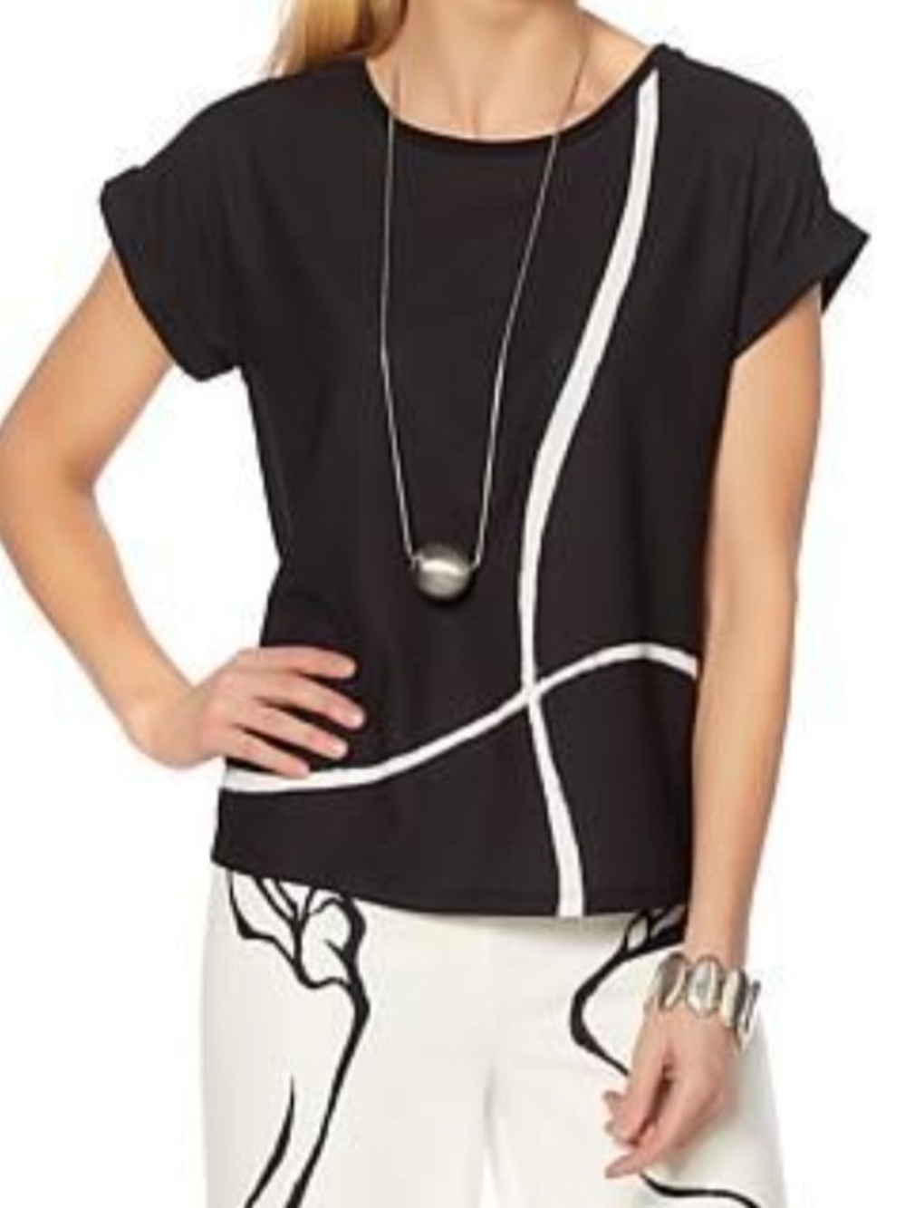 MarlaWynne Black Short-Sleeve Top with White Graphic Trim